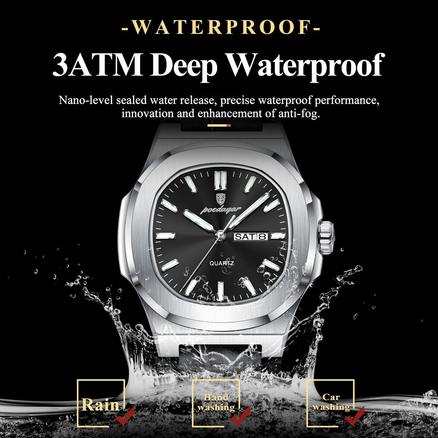 Montre POEDAGAR carrée pour homme – Montre de luxe à quartz, lumineuse, étanche, avec affichage de la semaine et bracelet en cuir. Montre élégante et tendance.