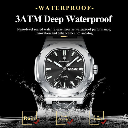 Montre POEDAGAR carrée pour homme – Montre de luxe à quartz, lumineuse, étanche, avec affichage de la semaine et bracelet en cuir. Montre élégante et tendance.