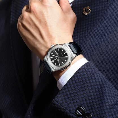 Montre POEDAGAR carrée pour homme – Montre de luxe à quartz, lumineuse, étanche, avec affichage de la semaine et bracelet en cuir. Montre élégante et tendance.