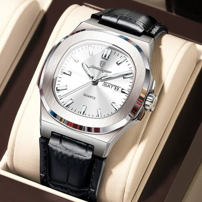 Montre POEDAGAR carrée pour homme – Montre de luxe à quartz, lumineuse, étanche, avec affichage de la semaine et bracelet en cuir. Montre élégante et tendance.