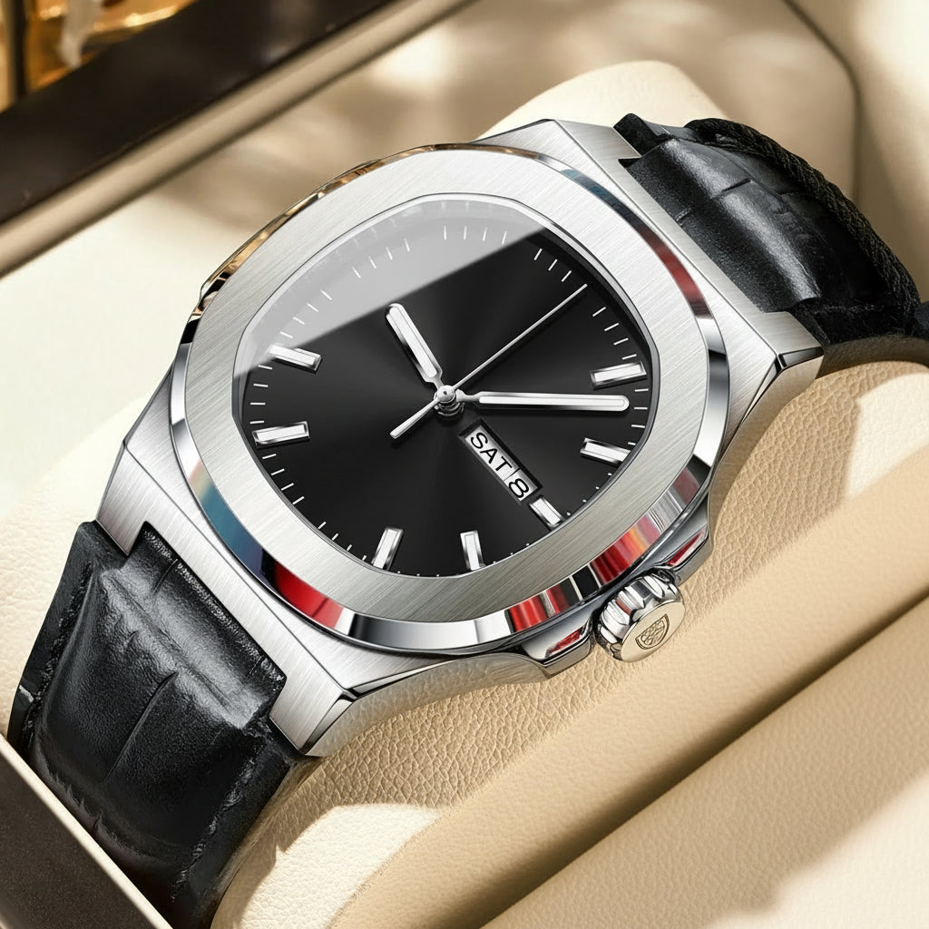 Montre POEDAGAR carrée pour homme – Montre de luxe à quartz, lumineuse, étanche, avec affichage de la semaine et bracelet en cuir. Montre élégante et tendance.