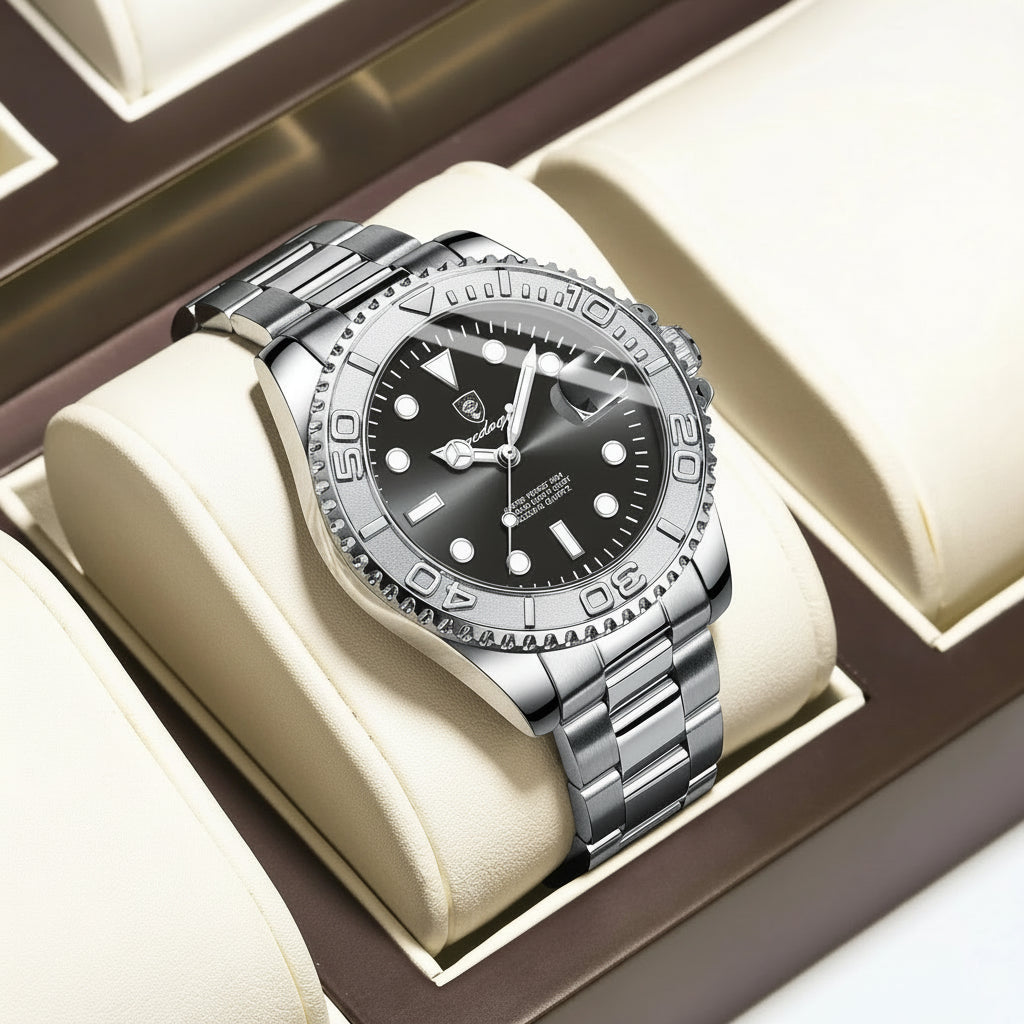 Montre POEDAGAR homme – Montre de luxe tendance en acier inoxydable, avec affichage de la date, étanche, lumineuse, style sportif. Montre à quartz.