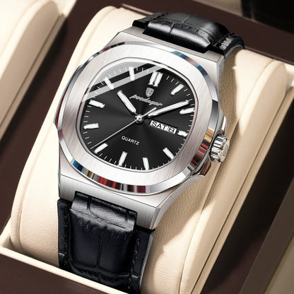 Montre POEDAGAR carrée pour homme – Montre de luxe à quartz, lumineuse, étanche, avec affichage de la semaine et bracelet en cuir. Montre élégante et tendance.