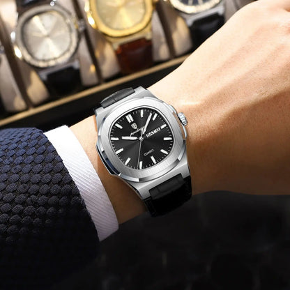 Montre POEDAGAR carrée pour homme – Montre de luxe à quartz, lumineuse, étanche, avec affichage de la semaine et bracelet en cuir. Montre élégante et tendance.
