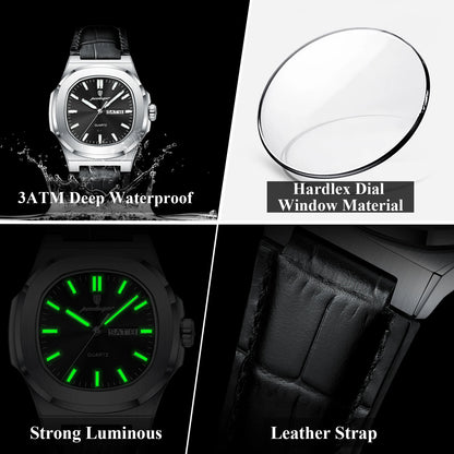 Montre POEDAGAR carrée pour homme – Montre de luxe à quartz, lumineuse, étanche, avec affichage de la semaine et bracelet en cuir. Montre élégante et tendance.